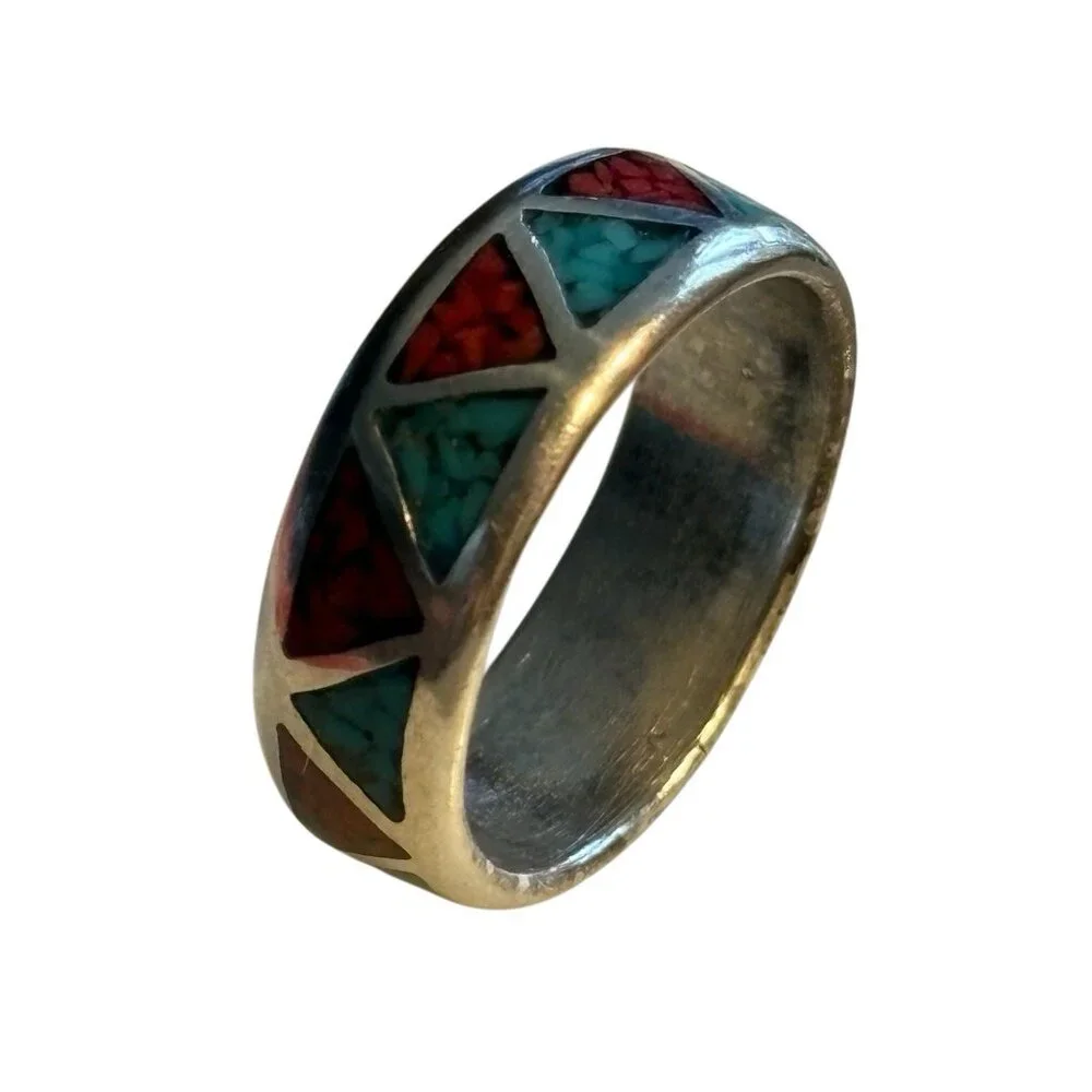 Navajo Chip Inlay Ring 925 Silver Turquoise‎ & Coral Ted Ott Size 7.5 Vintage